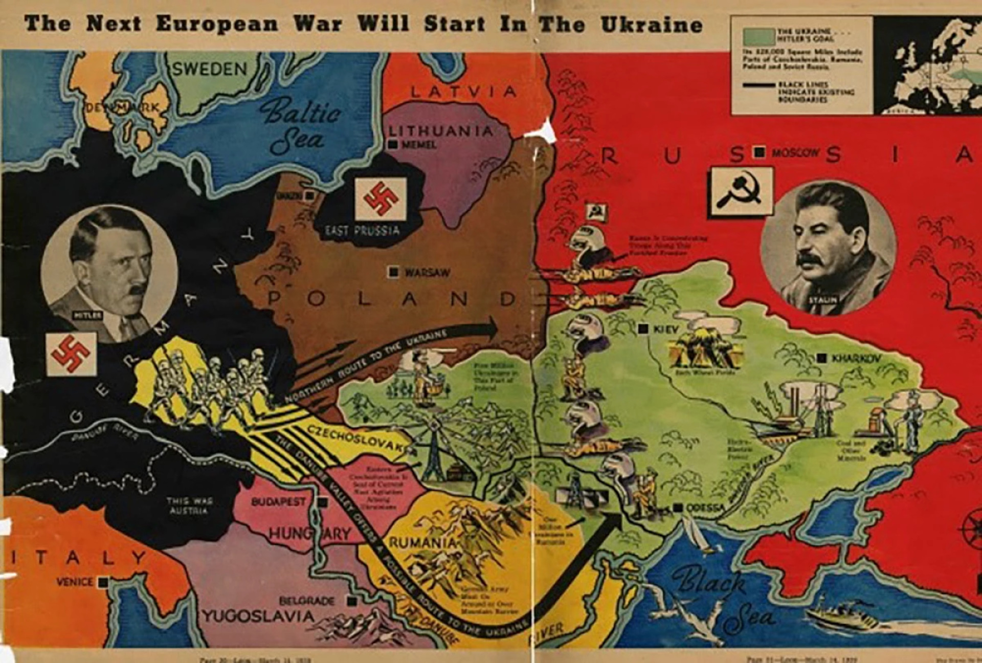 Карта, розміщена у американському журналі Look від 14 березня 1939 року. Тоді деякі американські журналісти вважали, що війна між двома диктаторами почнеться саме за Україну.