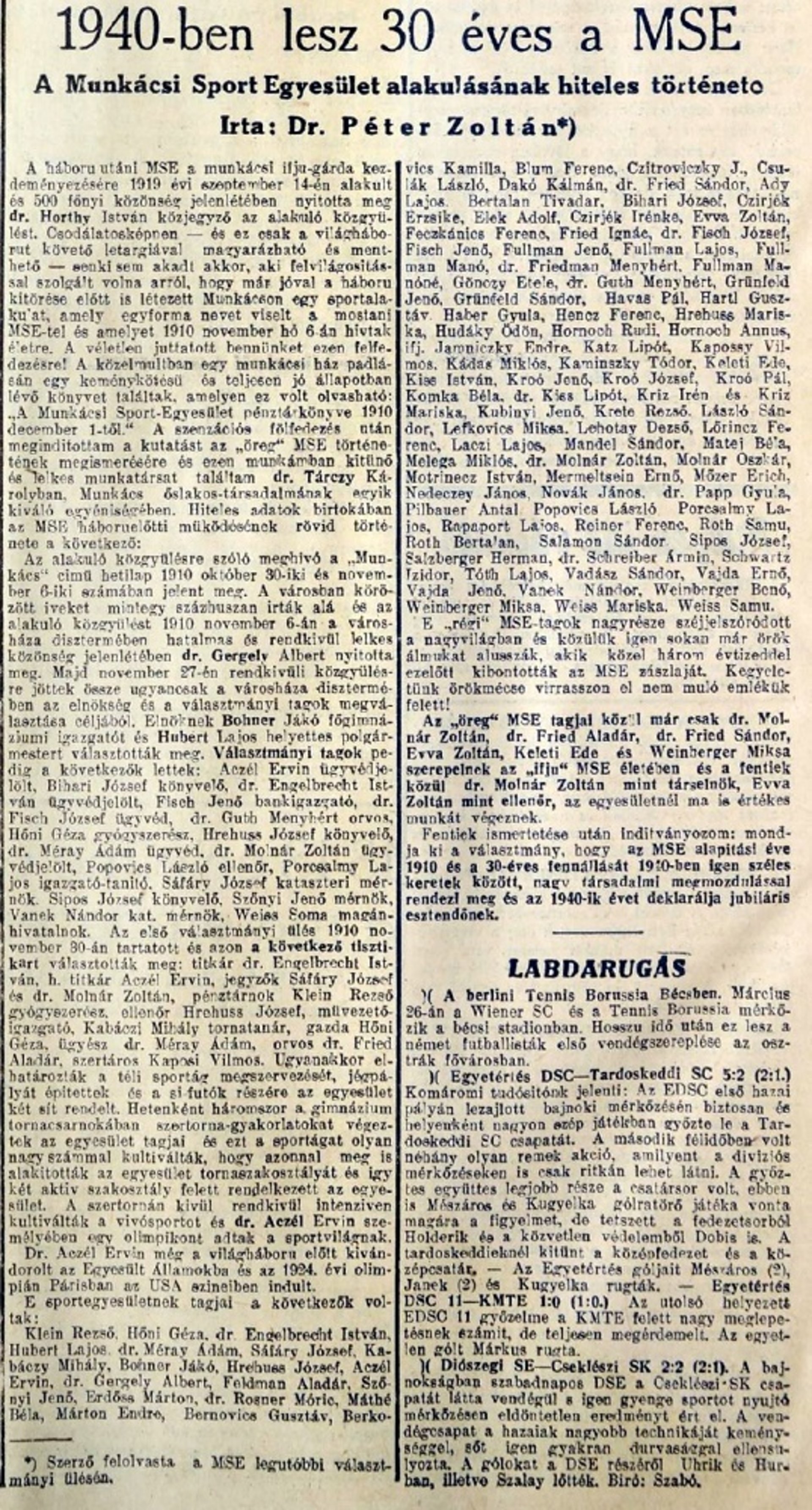 Публікація про засновників клубу MSE в газеті Pragai Magyar Hirlap, 1938 р.
