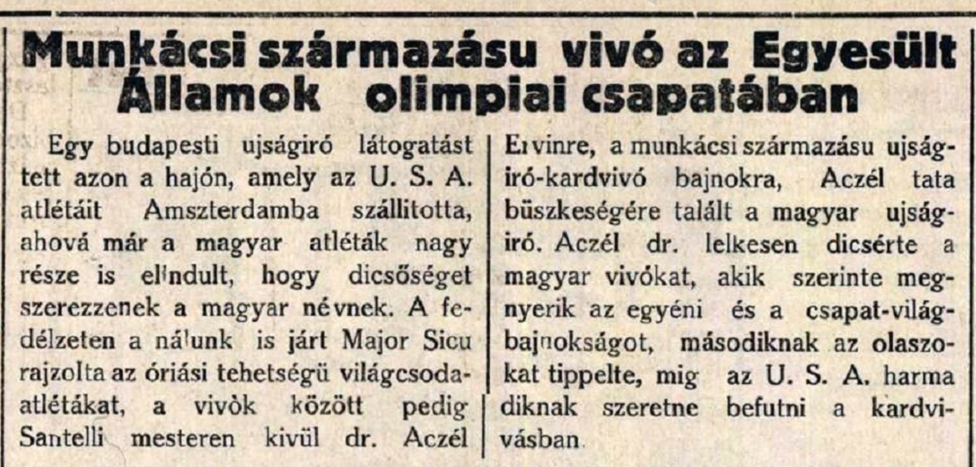 Публікація про участь мукачівця в Олімпіаді в газеті Karpati Hirado, 1928 р.