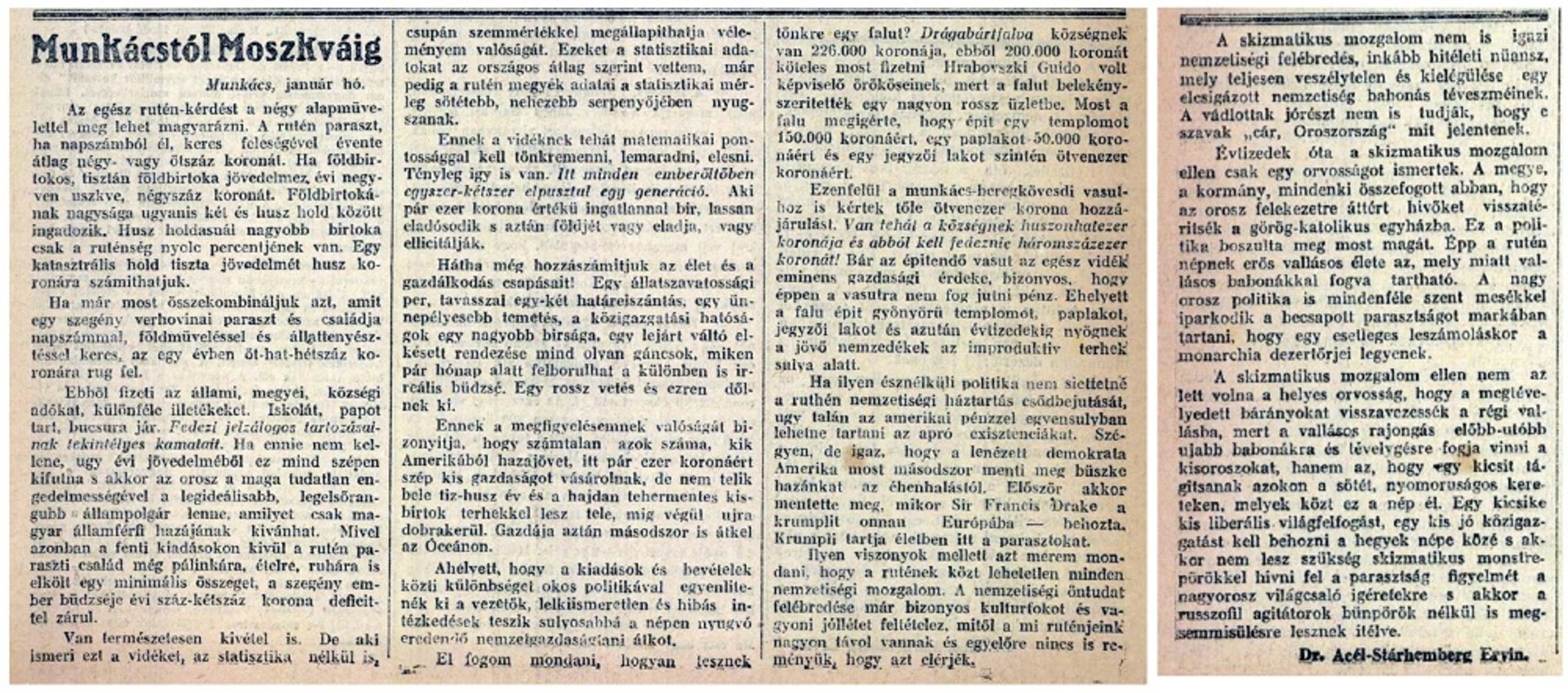 Стаття Ервіна Аселя «Від Мукачева до Москви» в гатеті Vilag, 1914 р.